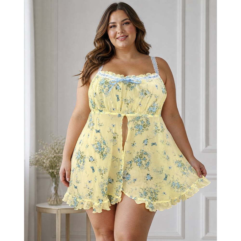 Vintage California Dynasty Chemise 2X Plus Size Flutter Babydoll Yellow Floral